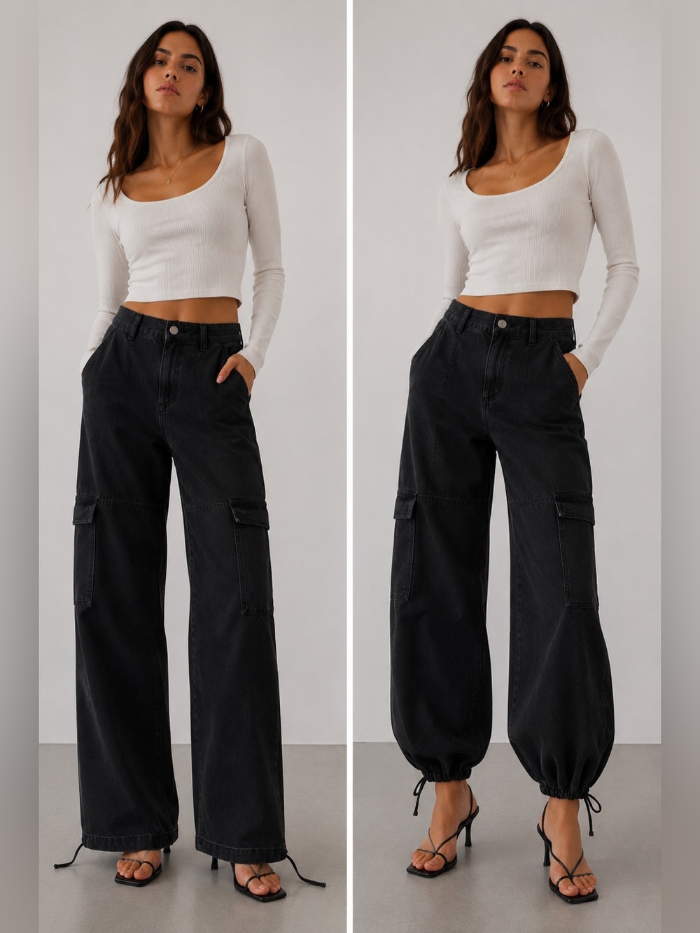 Zara Black Wide Leg Cargo Jeans Drawstring Hem Size M